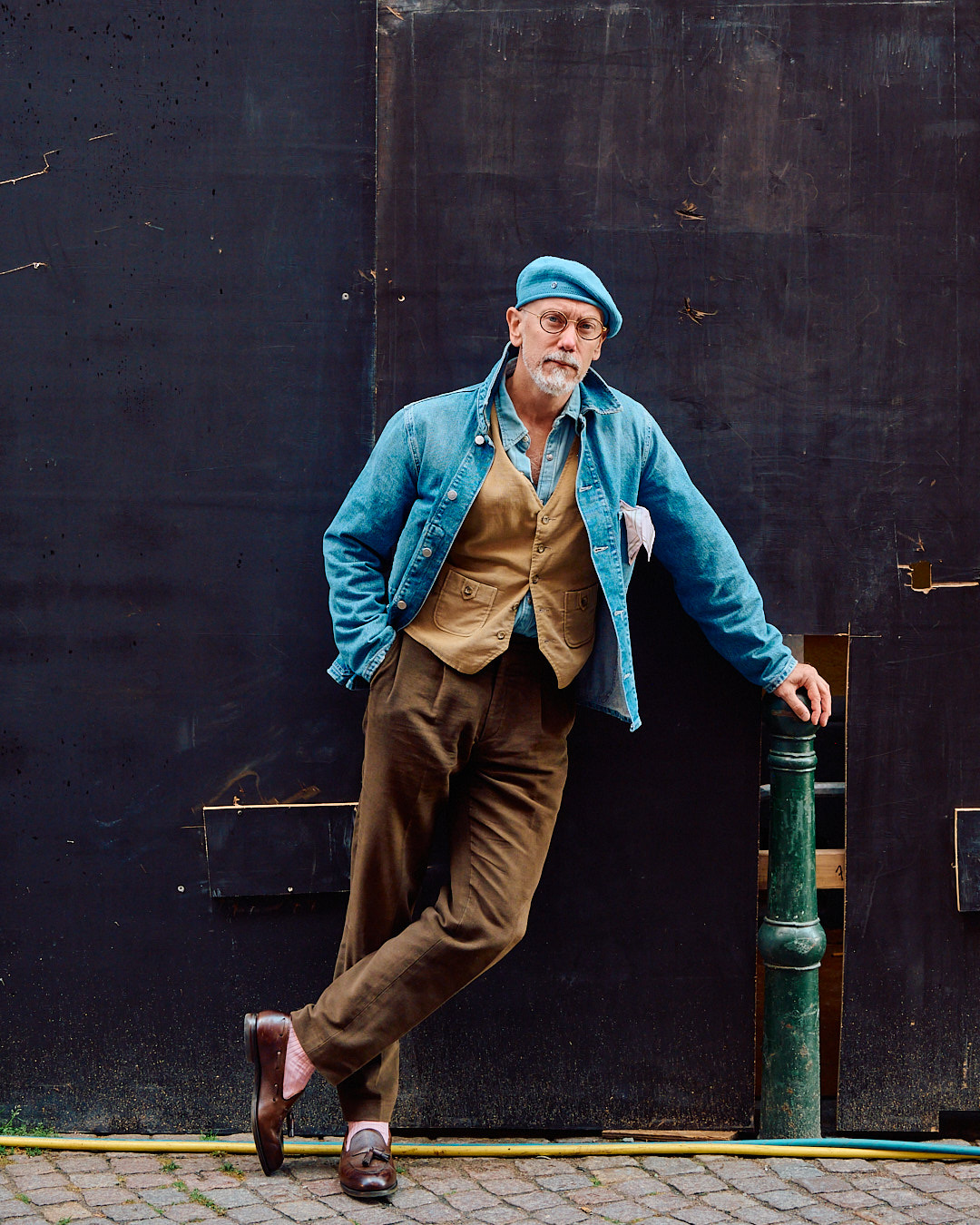 Freddy's outfit reference: denim jacket, tan waistcoat, chambray shirt, brown trousers and loafers