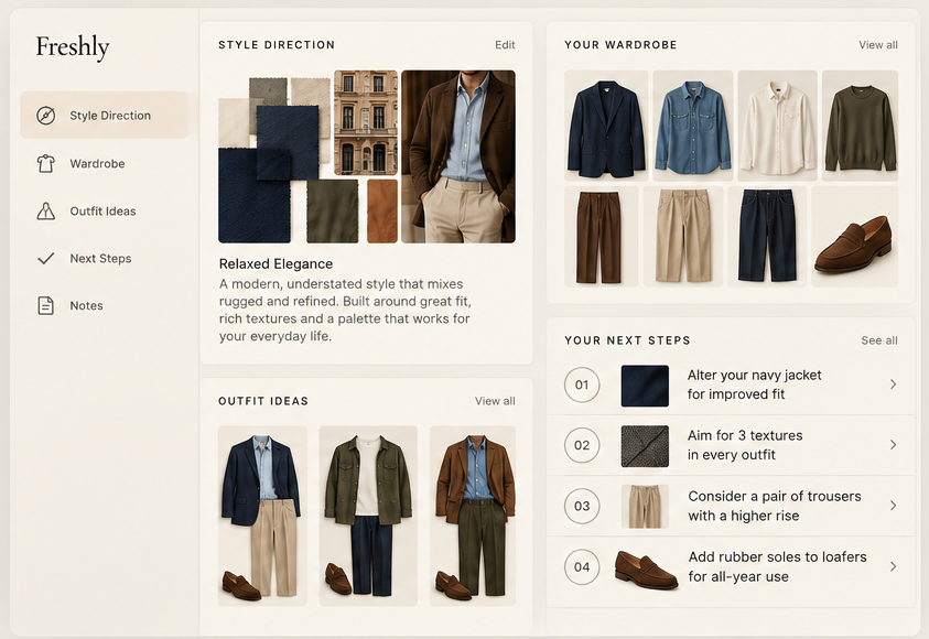 Freshly workspace showing style direction, outfit ideas, wardrobe and next steps