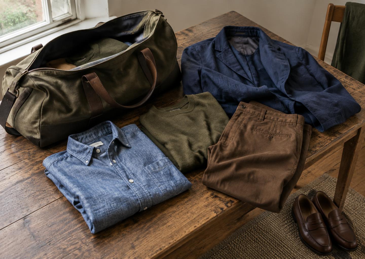 A considered selection of jackets, shirts and knitwear laid out beside a travel bag