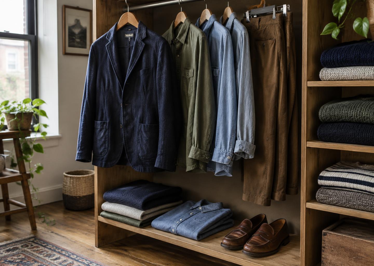 A lived-in wardrobe with textured jackets, shirts, knitwear and well-kept loafers